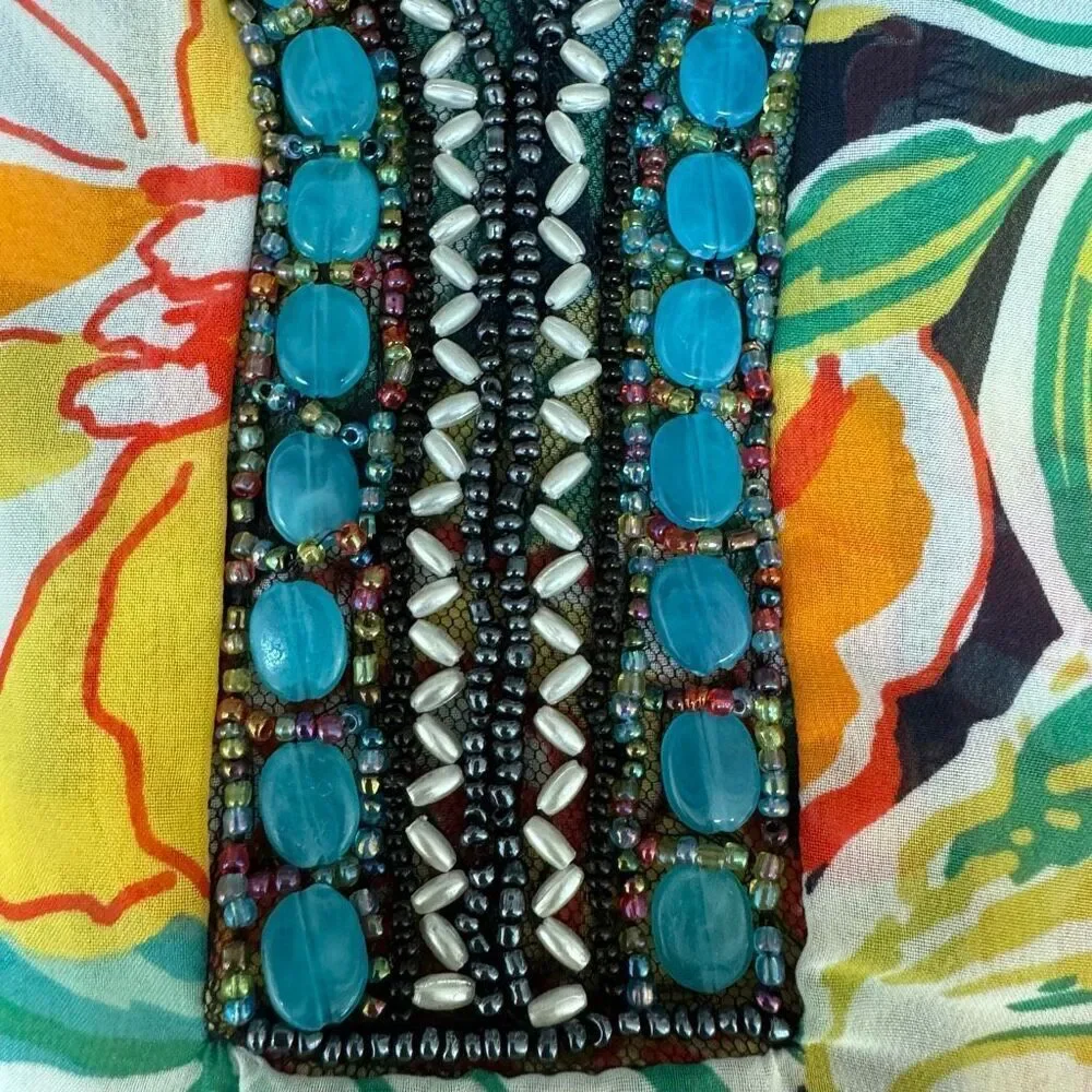 Melissa Paige Tropical Beaded Cold Shoulder Tunic blouse womens Toucan Bird Sz M